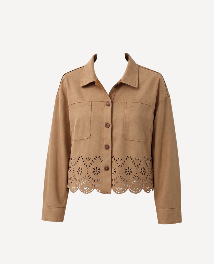Chaqueta Gamuza calado flores Camel