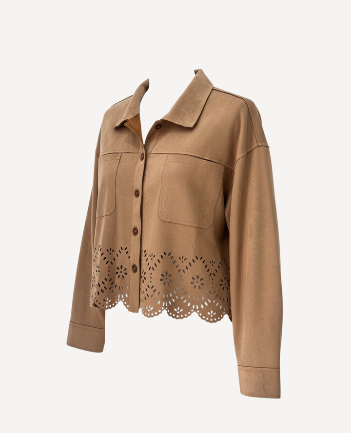 Chaqueta Gamuza calado flores Camel