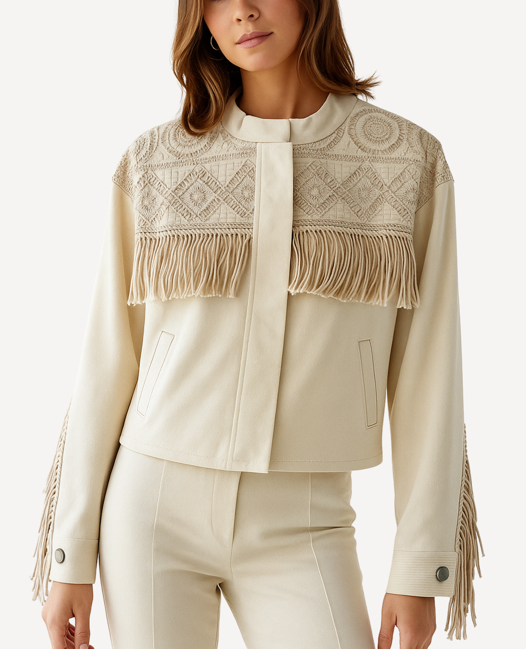 Chaqueta Bordada Flecos Beige