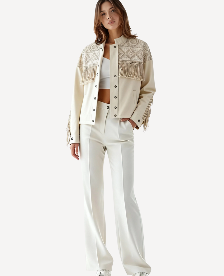 Chaqueta Bordada Flecos Beige
