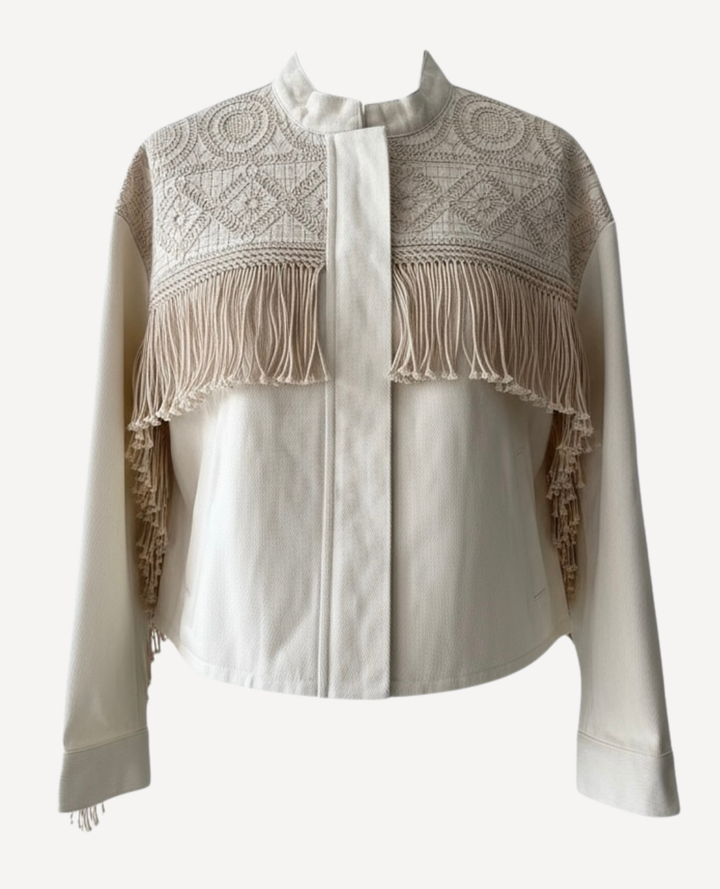 Chaqueta Bordada Flecos Beige