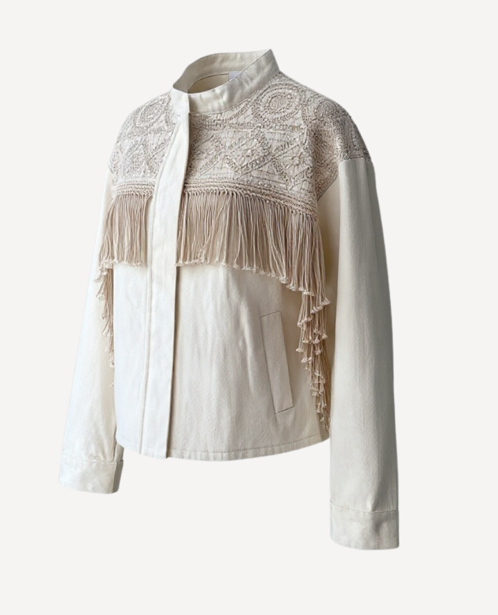 Chaqueta Bordada Flecos Beige