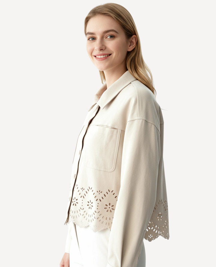 Chaqueta Gamuza calado flores Marfil