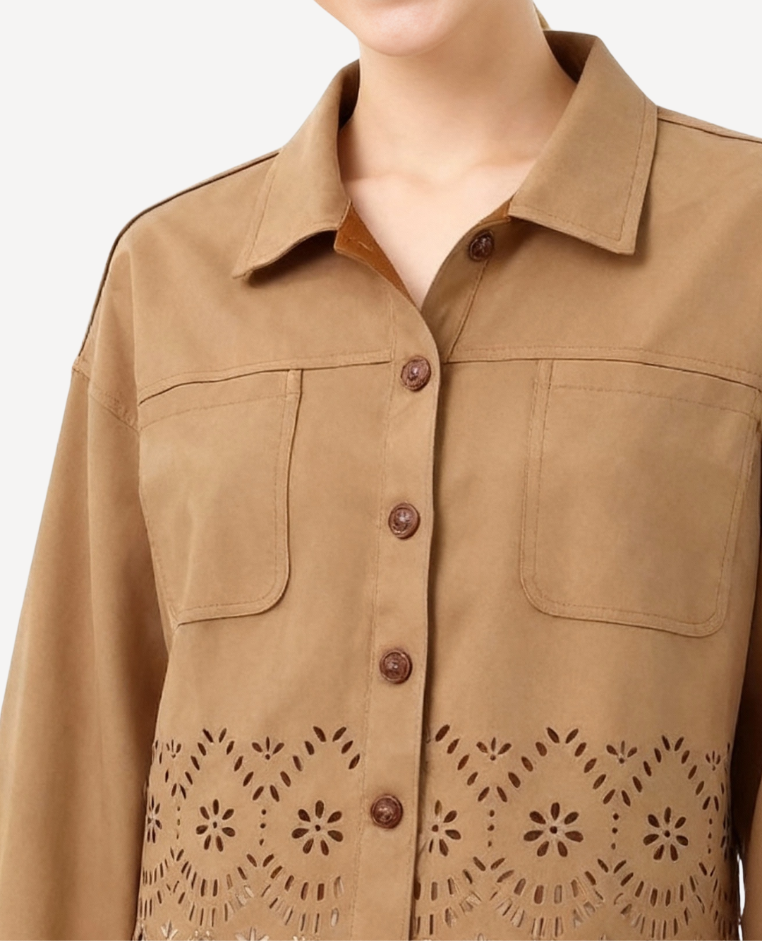 Chaqueta Gamuza calado flores Camel