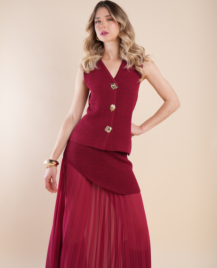 Set chaleco tejido Falda plisada Borgoña