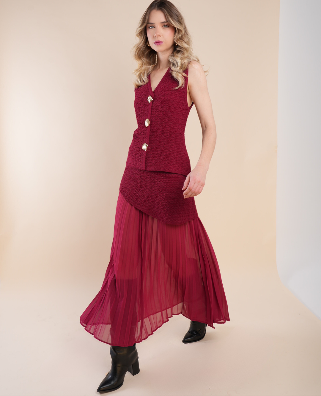 Set chaleco tejido Falda plisada Borgoña
