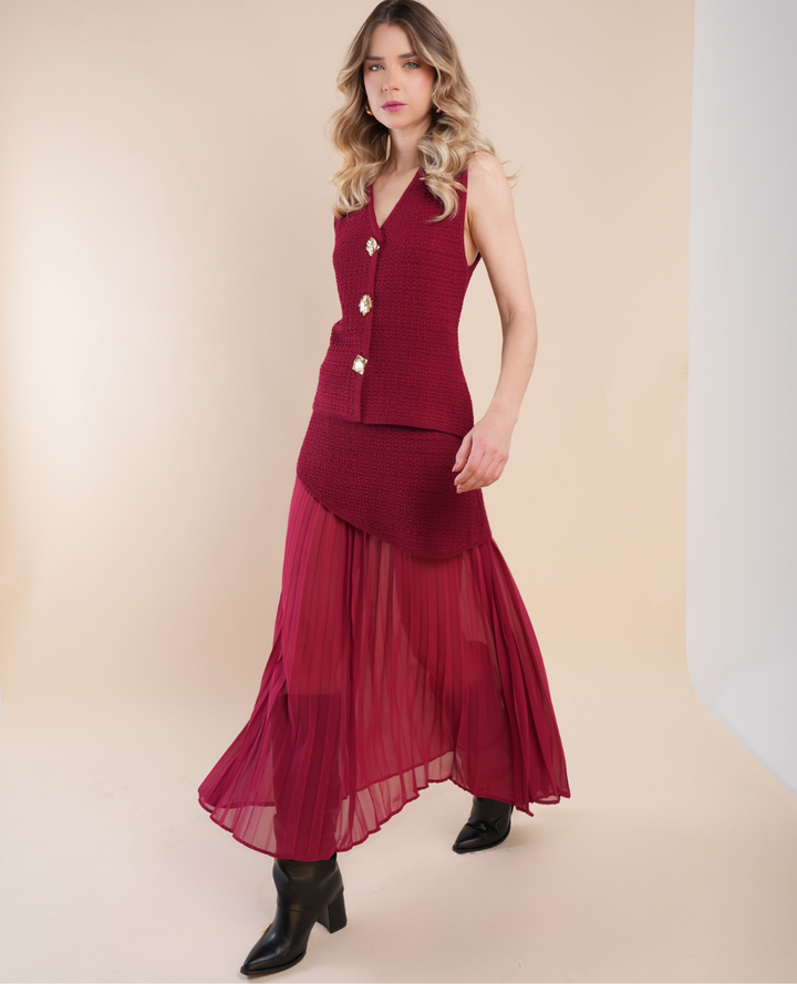 Set chaleco tejido Falda plisada Borgoña