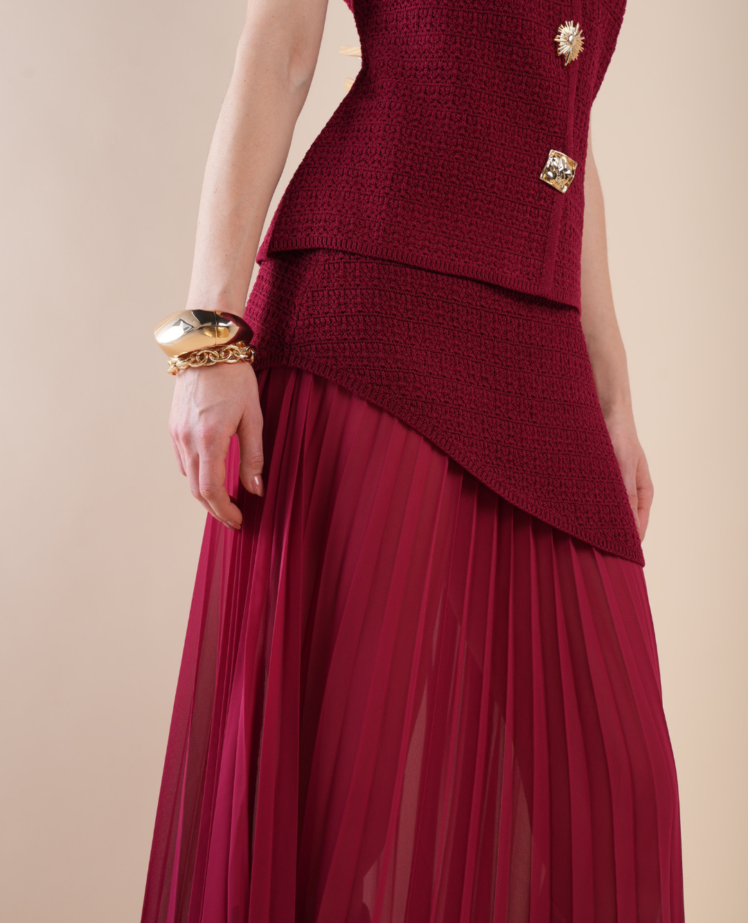 Set chaleco tejido Falda plisada Borgoña