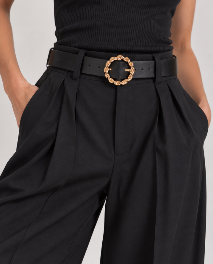 Pantalon Negro Elegante Cinturón