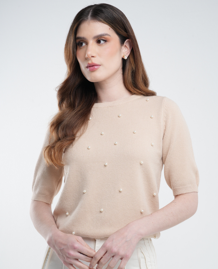 Saco manga corta perlas beige