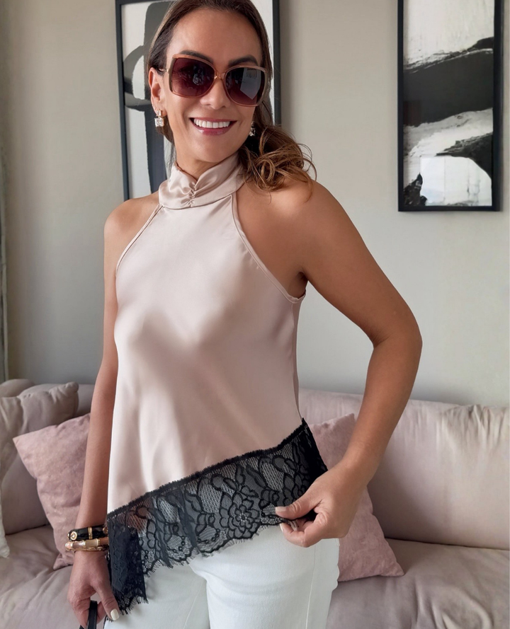 Top Halter Con encaje Champaña