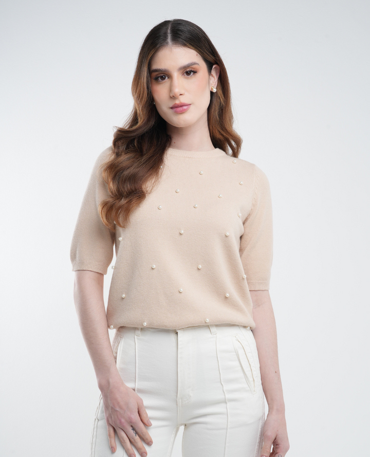 Saco manga corta perlas beige