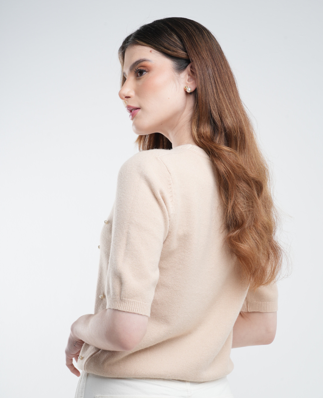 Saco manga corta perlas beige