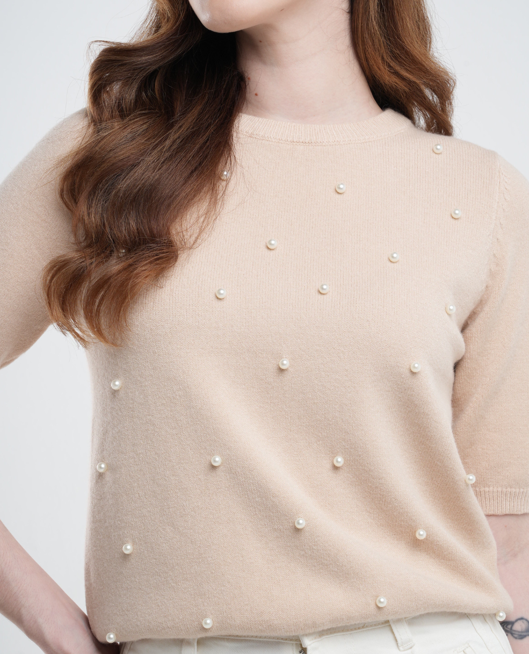 Saco manga corta perlas beige