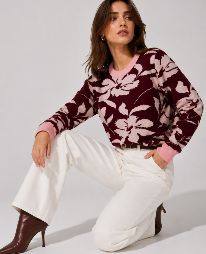 Saco Tejido Flores Vino Rosa