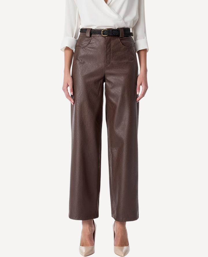 Pantalón Wide leg cuero café correa