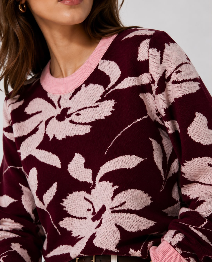 Saco Tejido Flores Vino Rosa