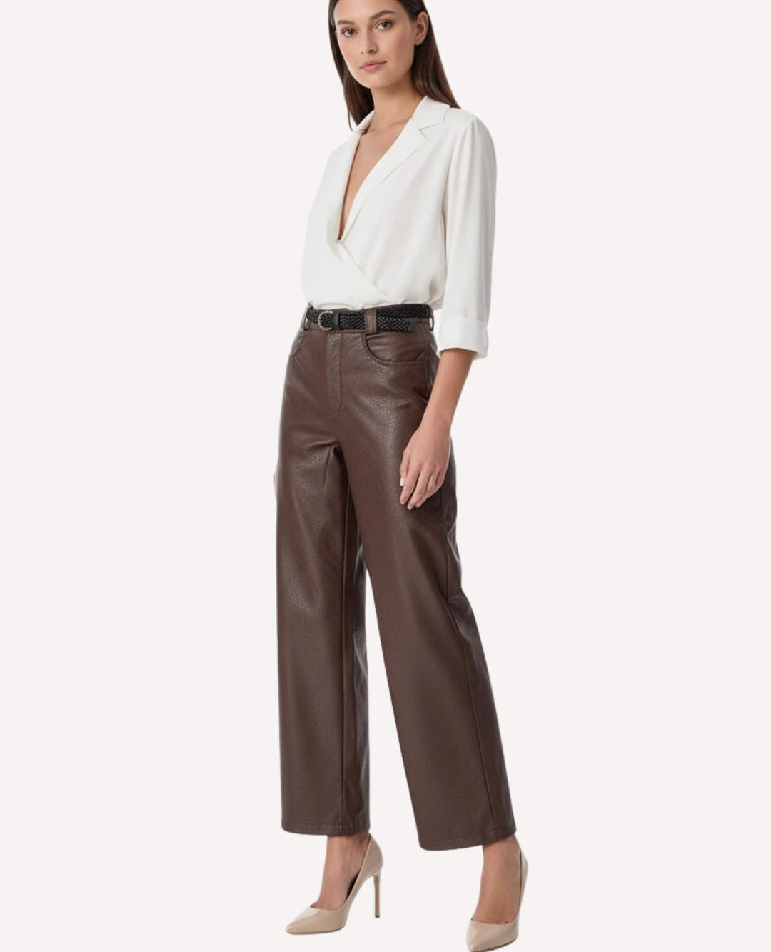 Pantalón Wide leg cuero café correa