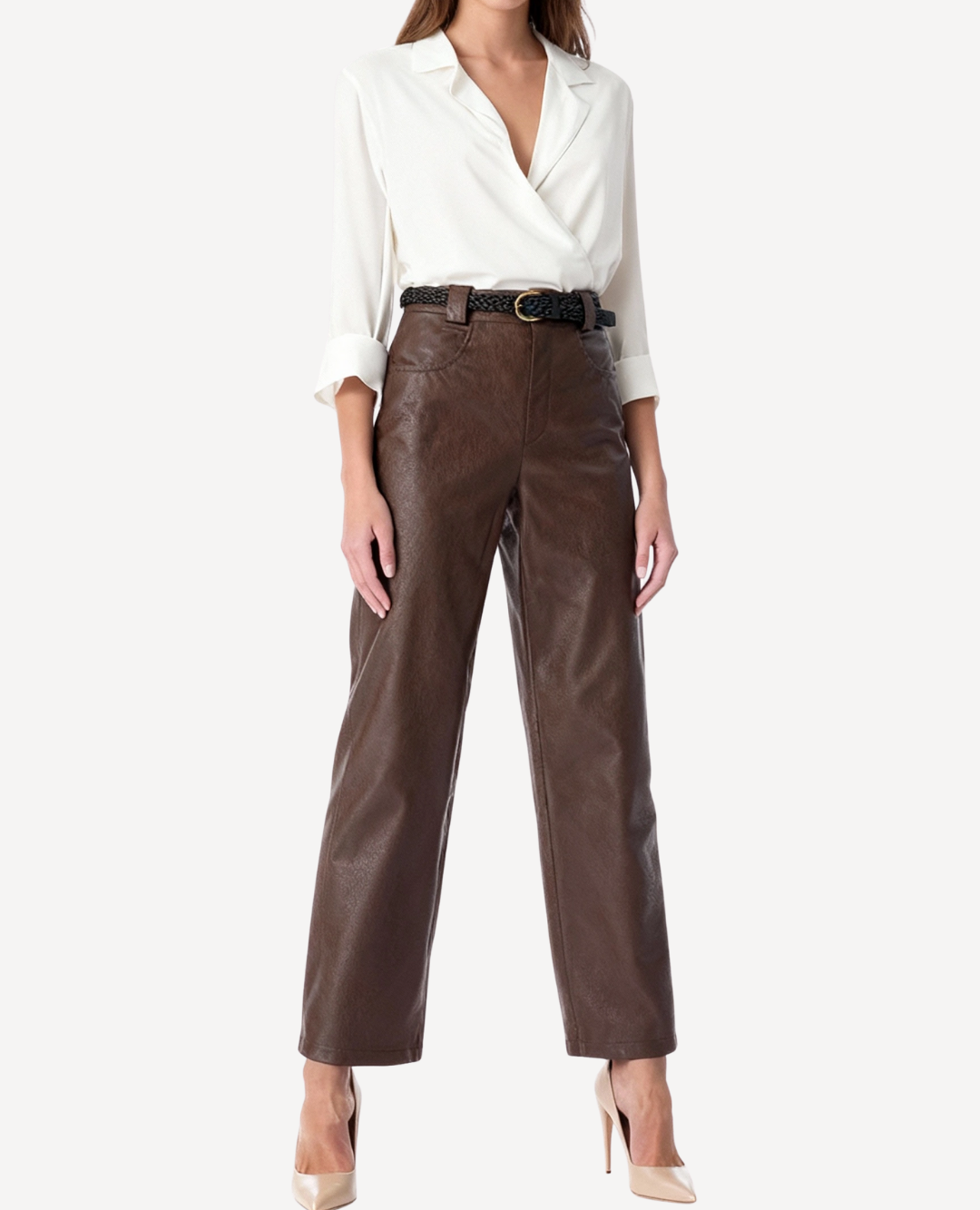 Pantalón Wide leg cuero café correa