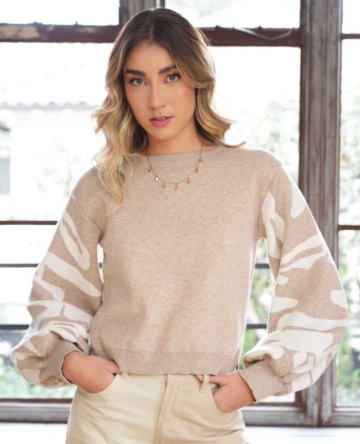 Saco Manga Globo Estampado Taupe