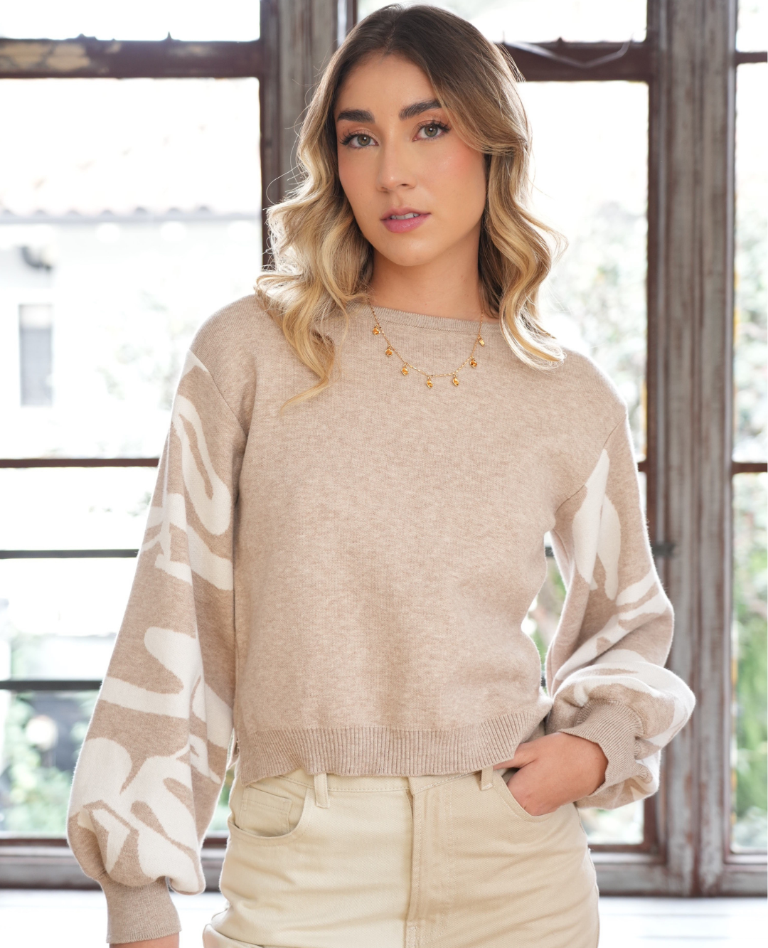 Saco Manga Globo Estampado Taupe