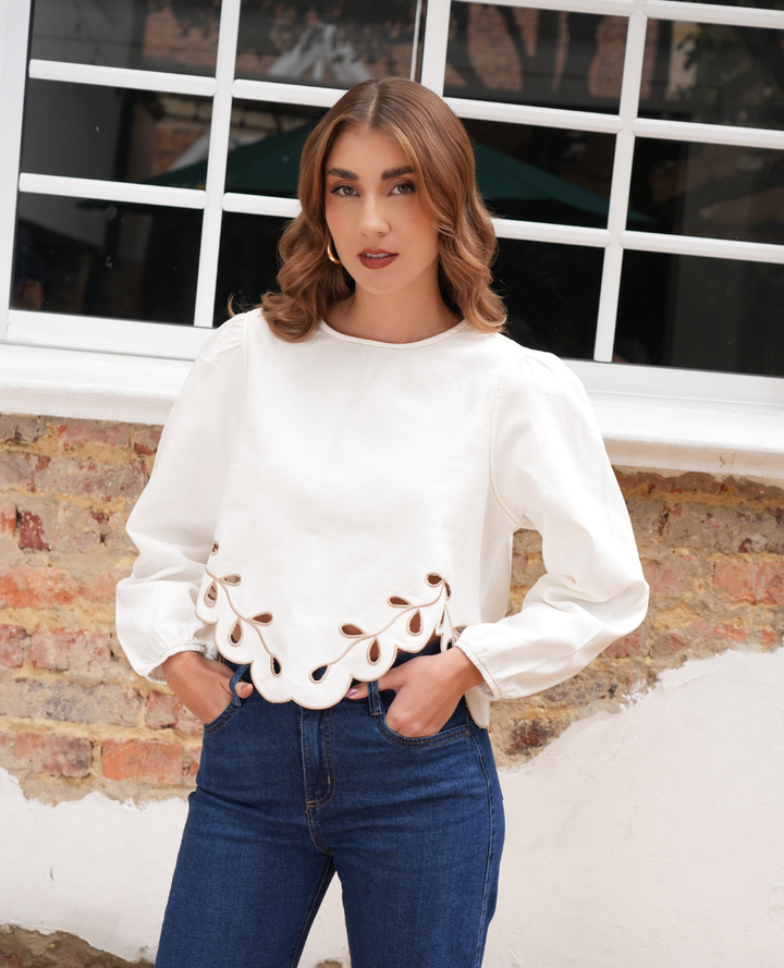 Blusa Denim Flor Blanca