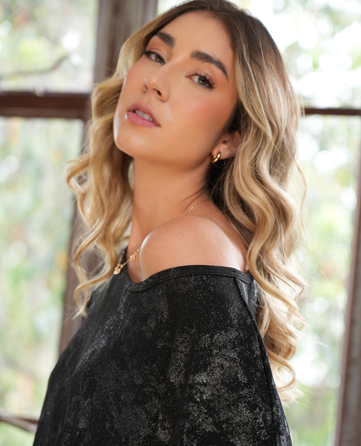 Blusa Ranglan Metalizada Negra