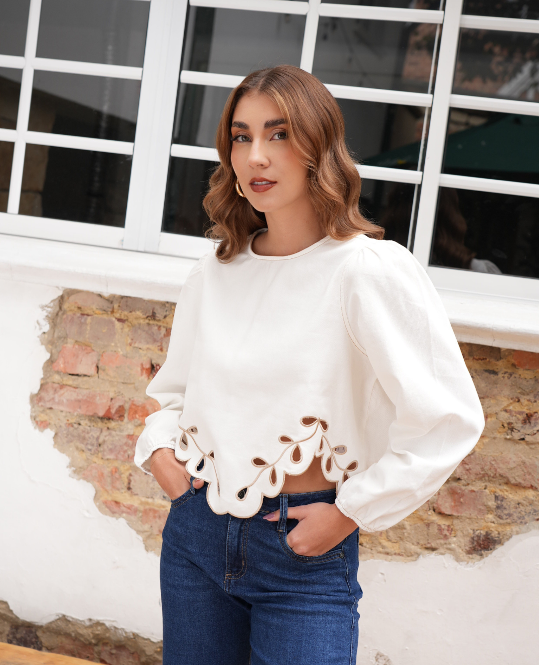 Blusa Denim Flor Blanca