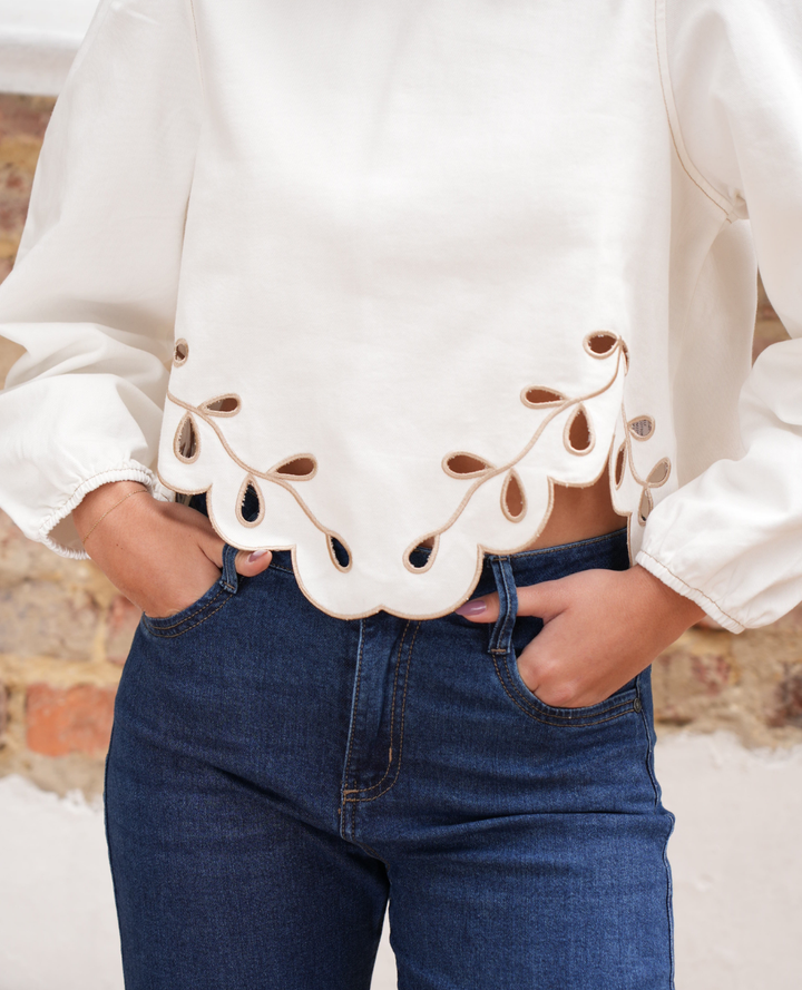 Blusa Denim Flor Blanca