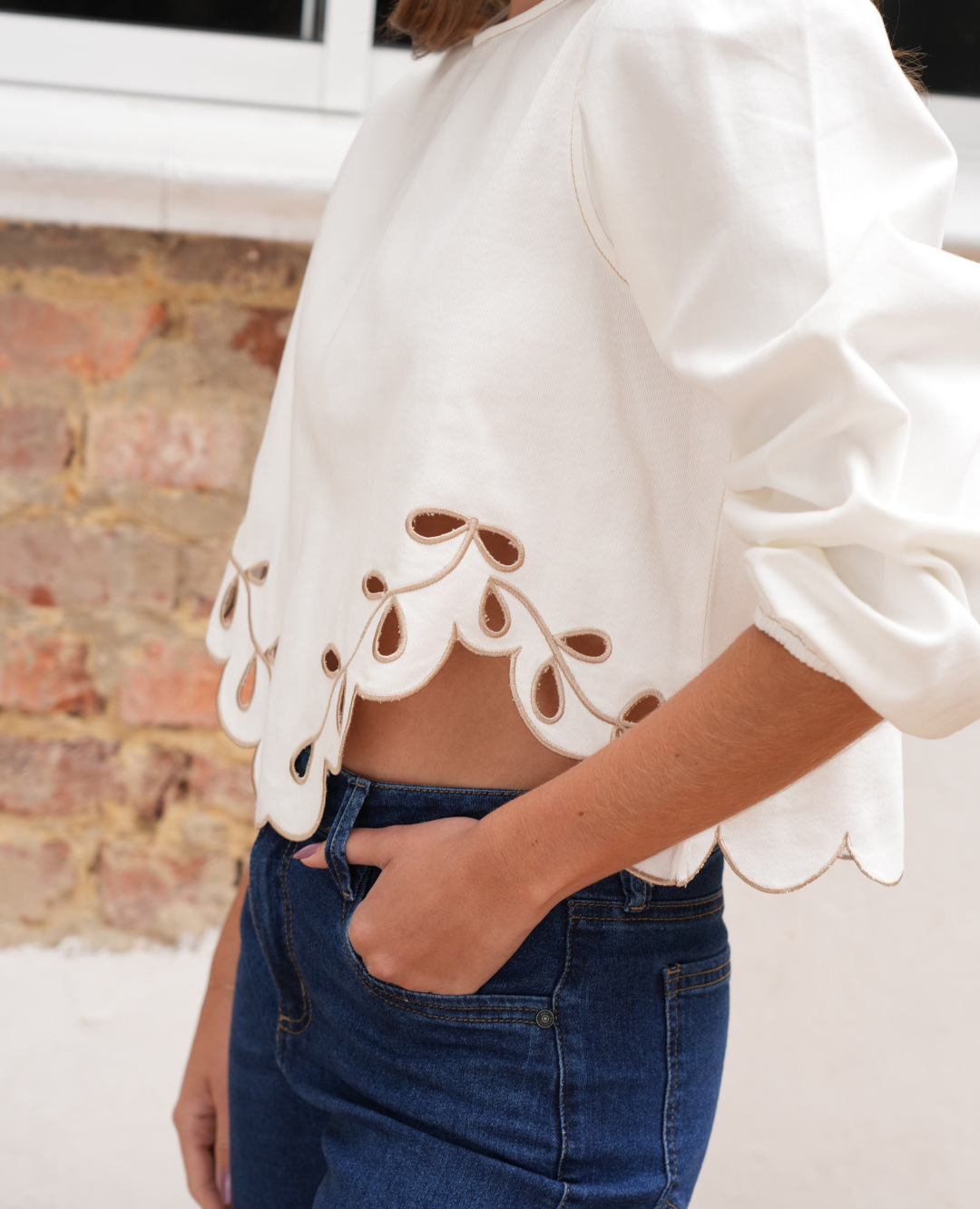 Blusa Denim Flor Blanca