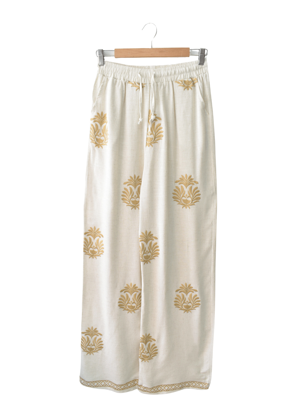 Pantalon en lino Bordado Beige