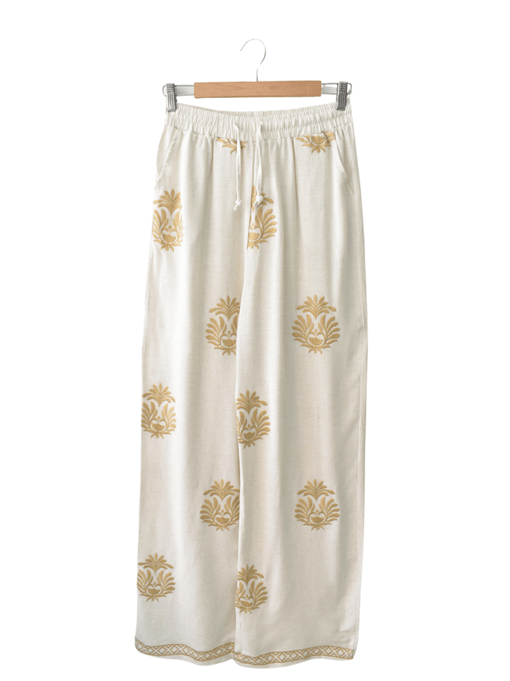 Pantalon en lino Bordado Beige