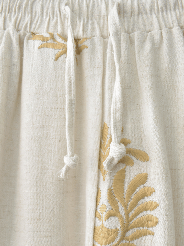 Pantalon en lino Bordado Beige