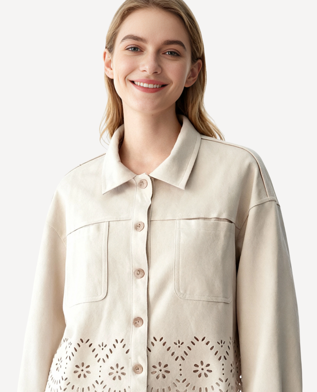 Chaqueta Gamuza calado flores Marfil