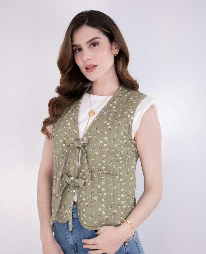 Chaleco Puff Flores Verde
