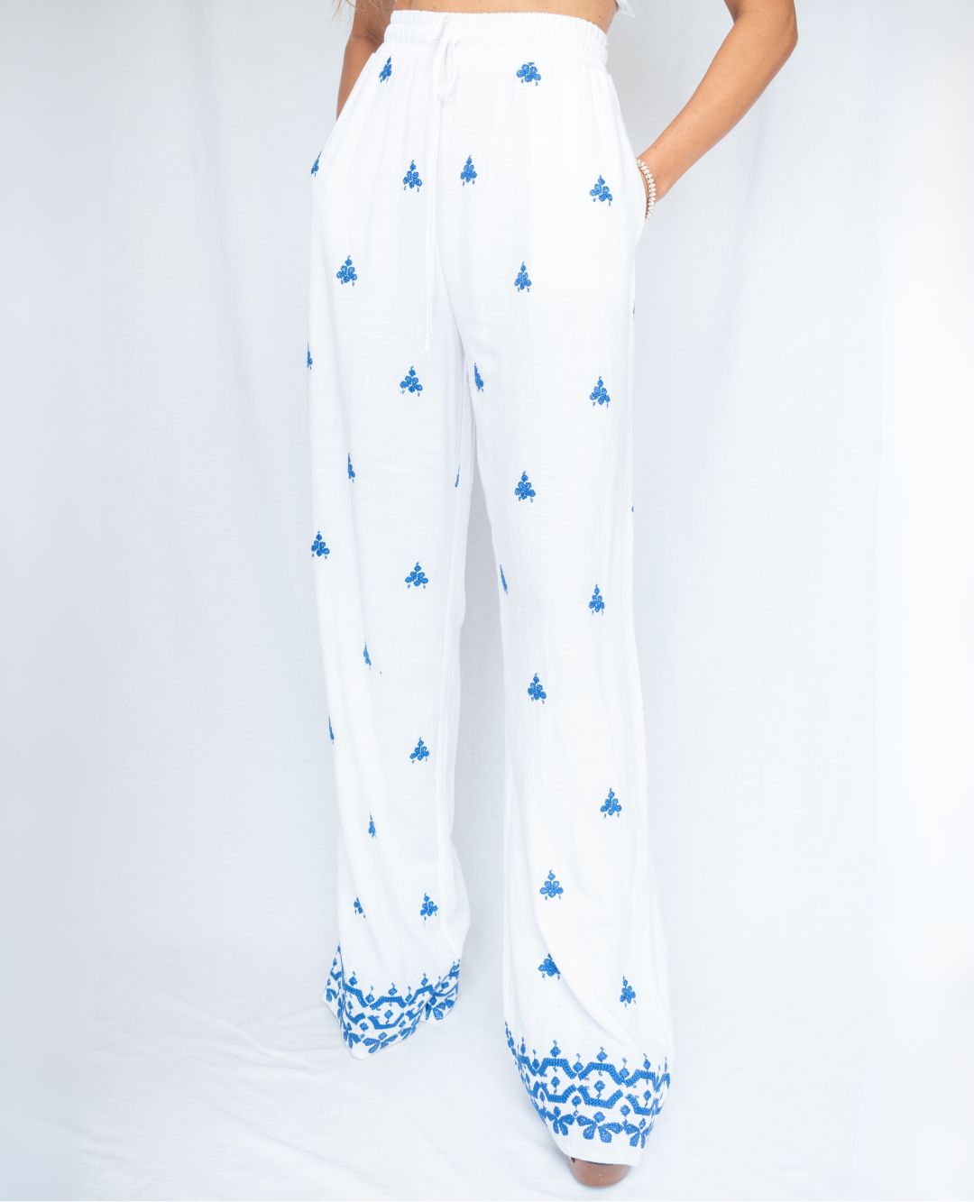Pantalón Lino Bordado Azul