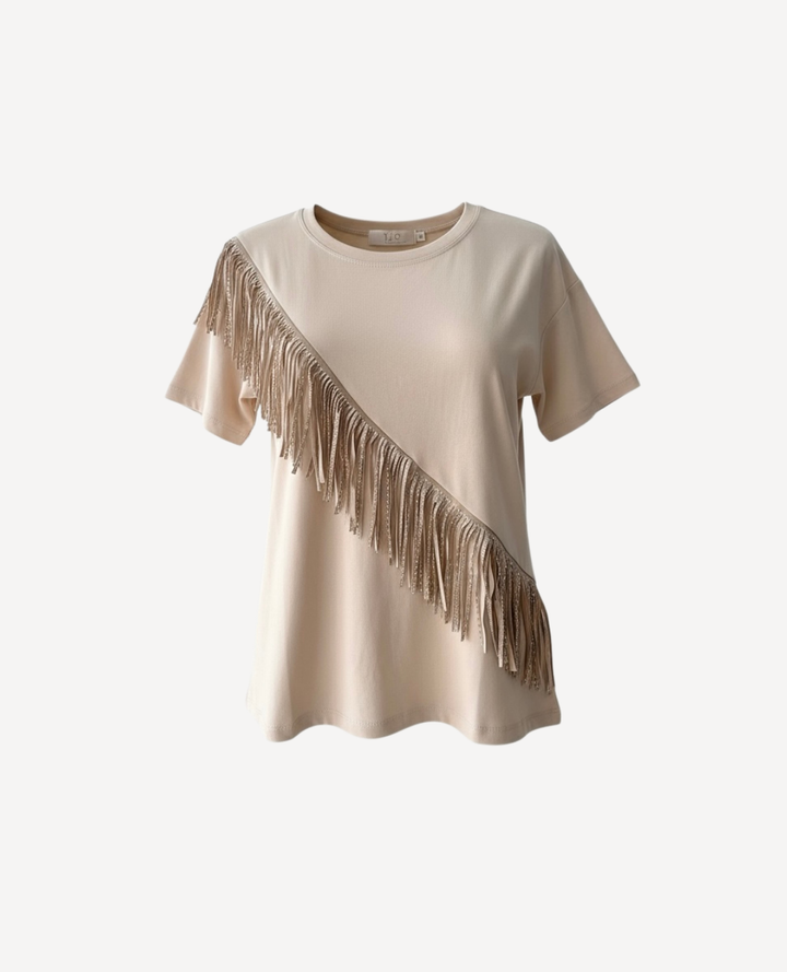 Camiseta flecos taches beige