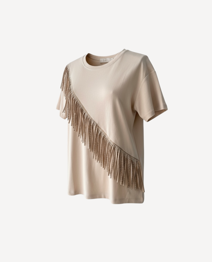Camiseta flecos taches beige