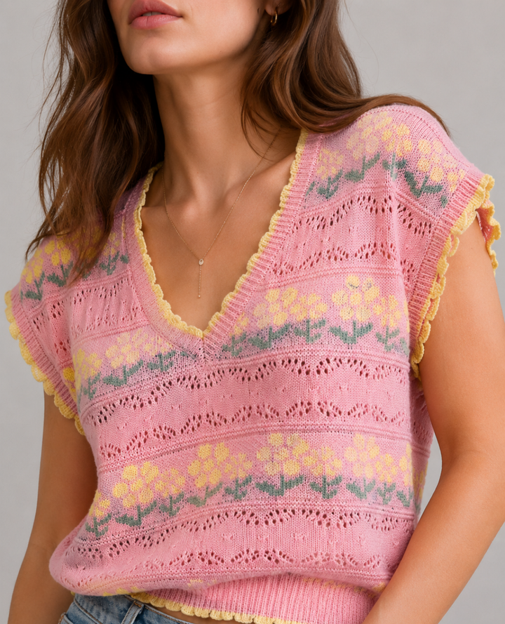 Blusa Tejida Floresitas Rosa