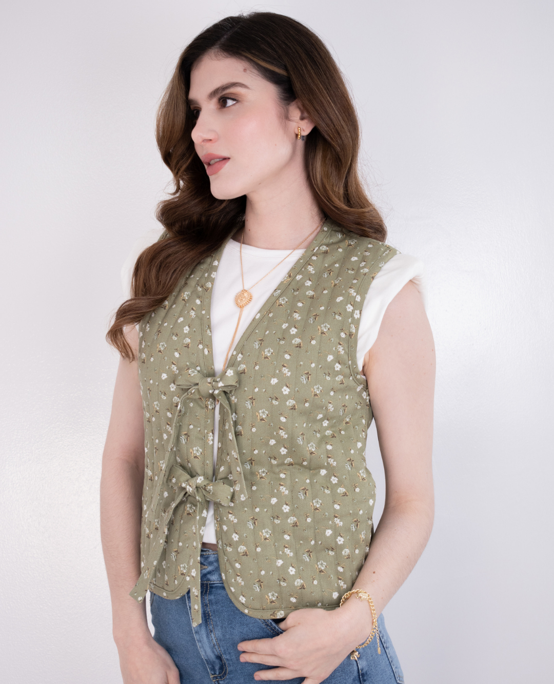 Chaleco Puff Flores Verde