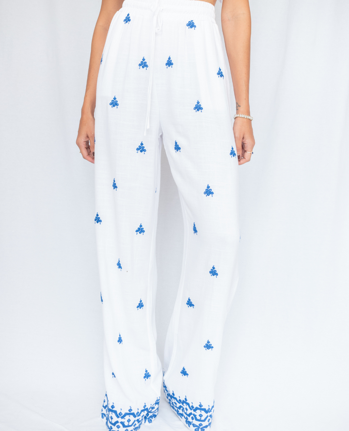 Pantalón Lino Bordado Azul