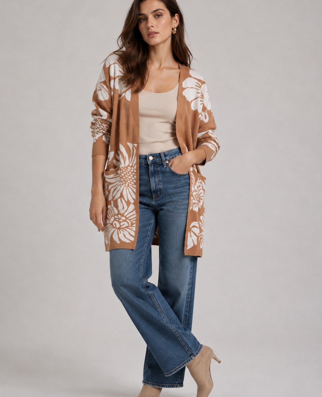 Cardigan Tejido Estampado Floral Beige