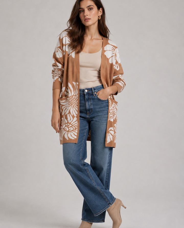 Cardigan Tejido Estampado Floral Beige