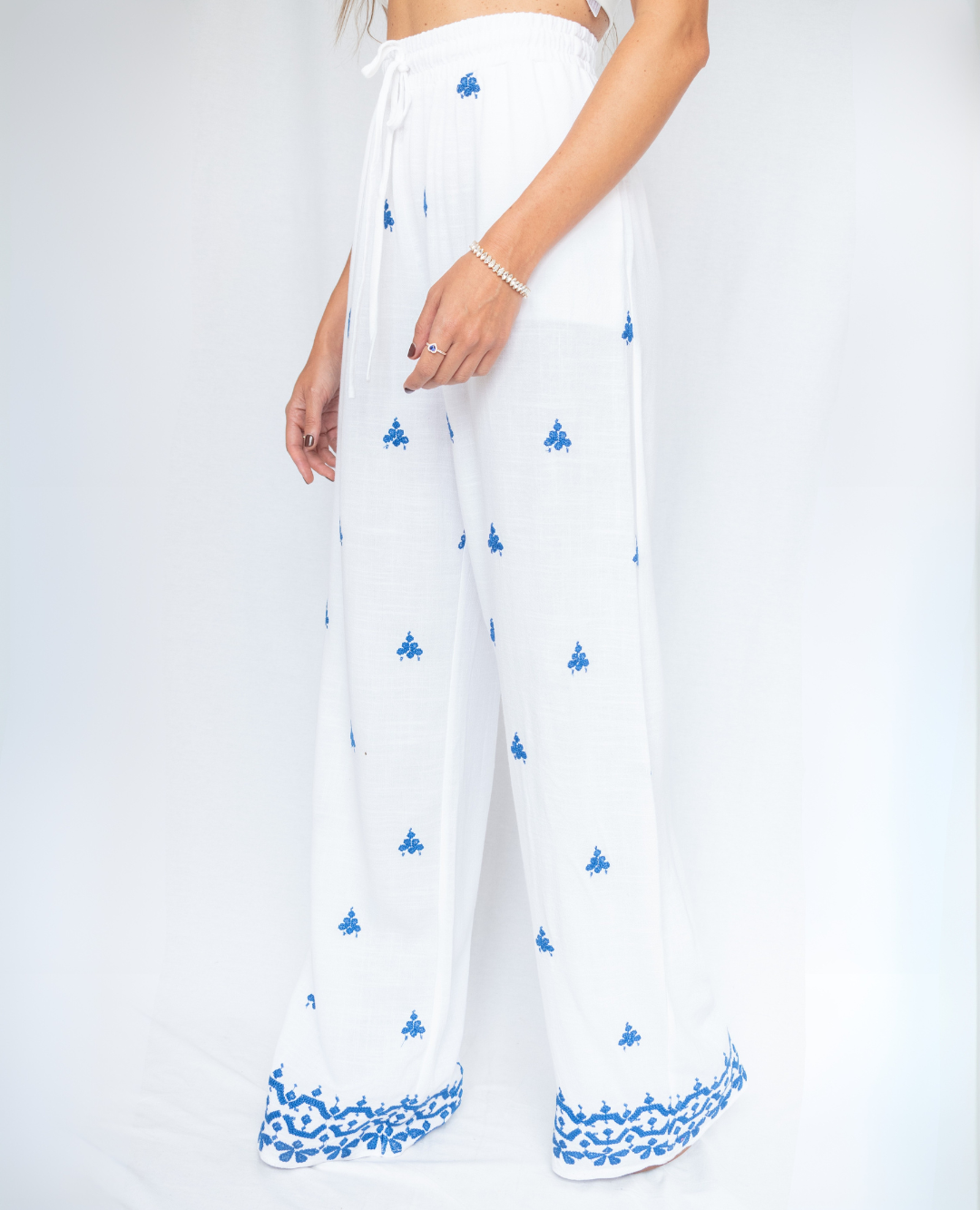 Pantalón Lino Bordado Azul