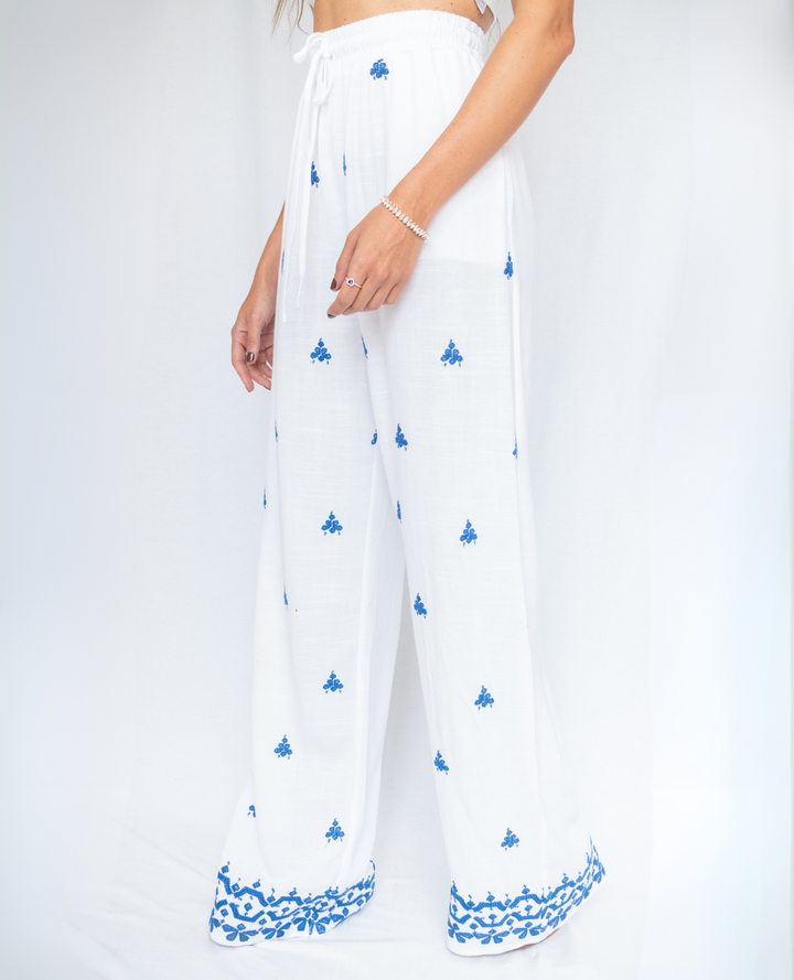 Pantalón Lino Bordado Azul