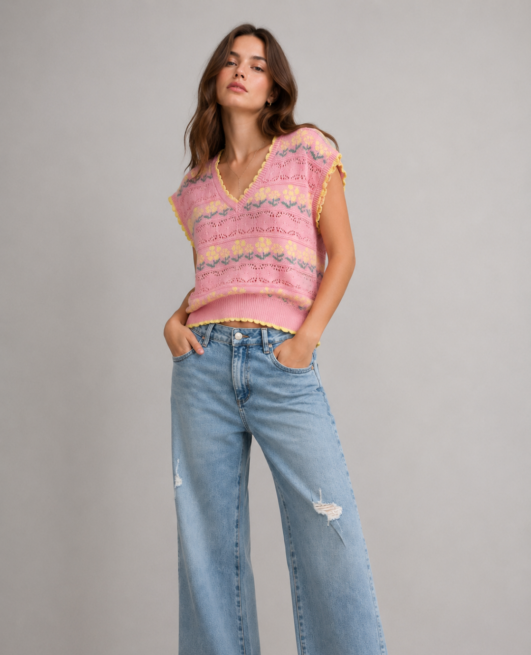 Blusa Tejida Floresitas Rosa