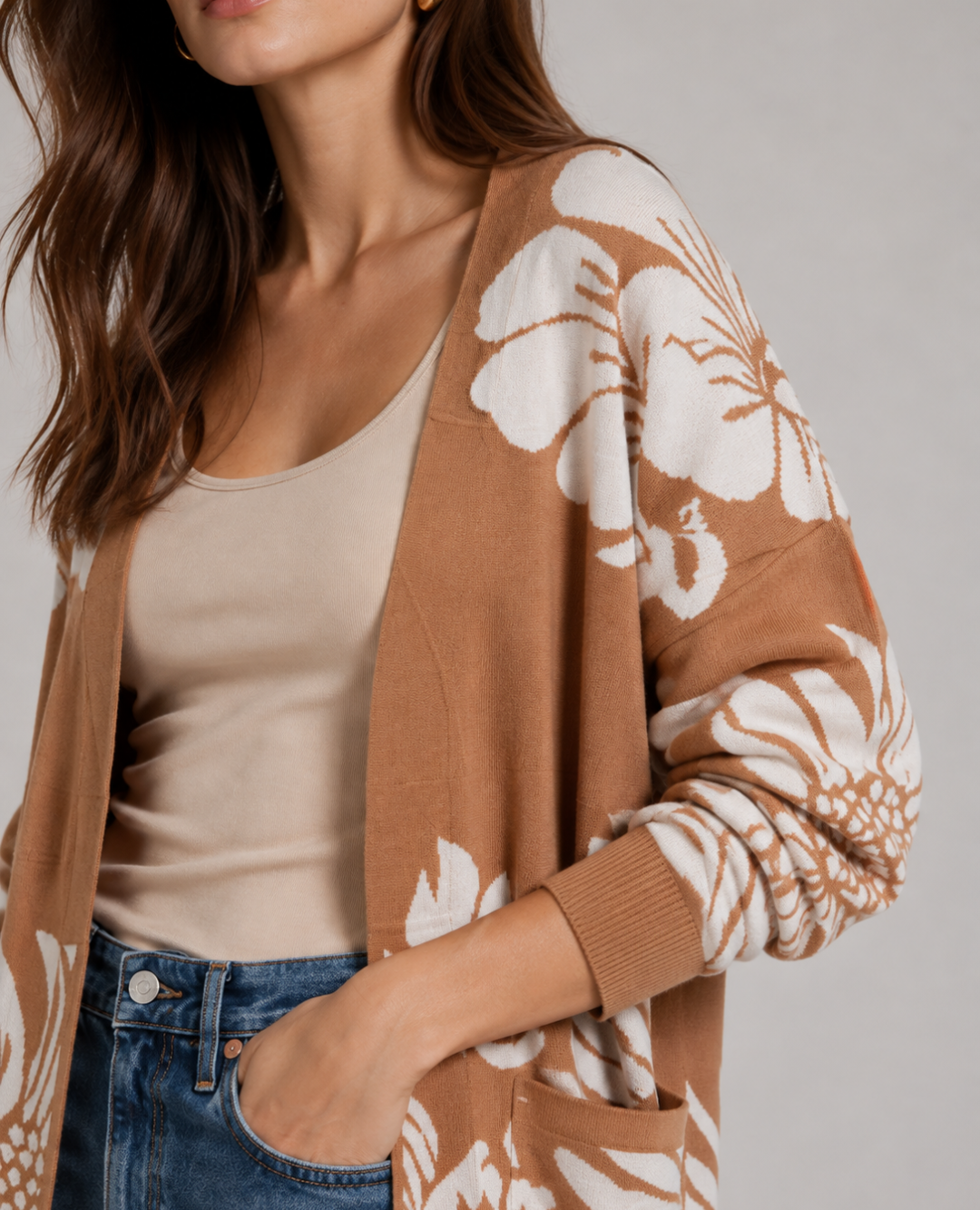 Cardigan Tejido Estampado Floral Beige