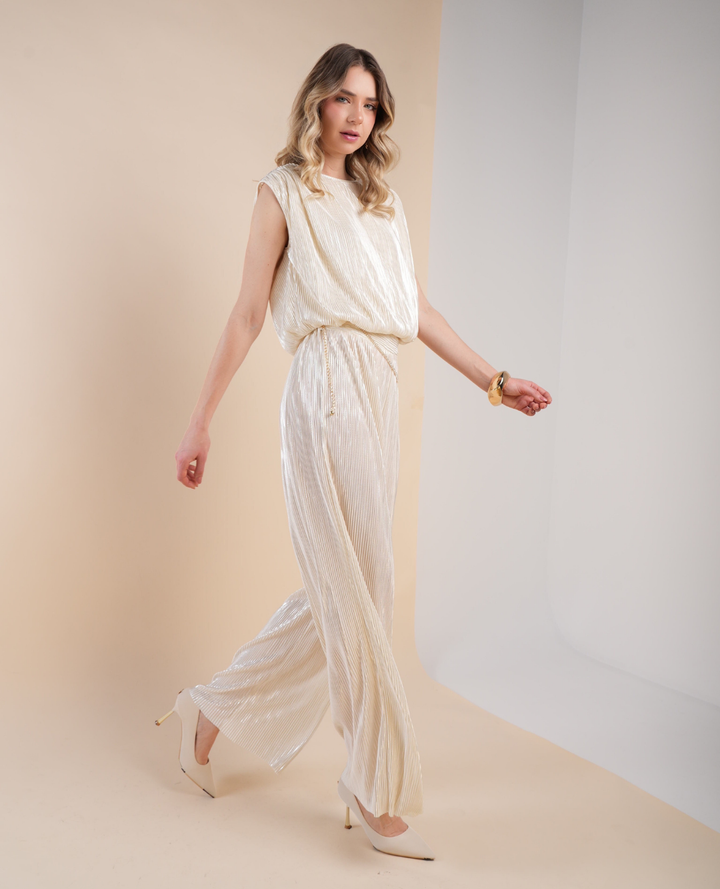 Pantalon acanalado brillo marfil