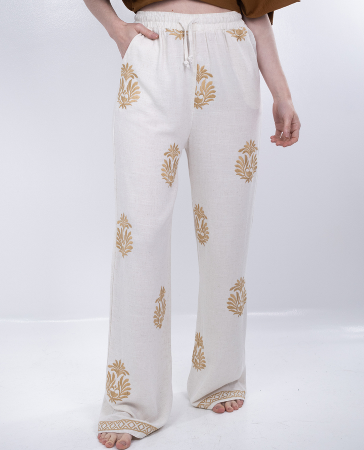 Pantalon en lino Bordado Beige