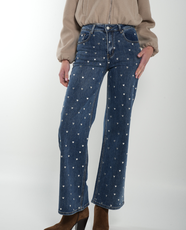 Jean Wide Taches Corazones Azul